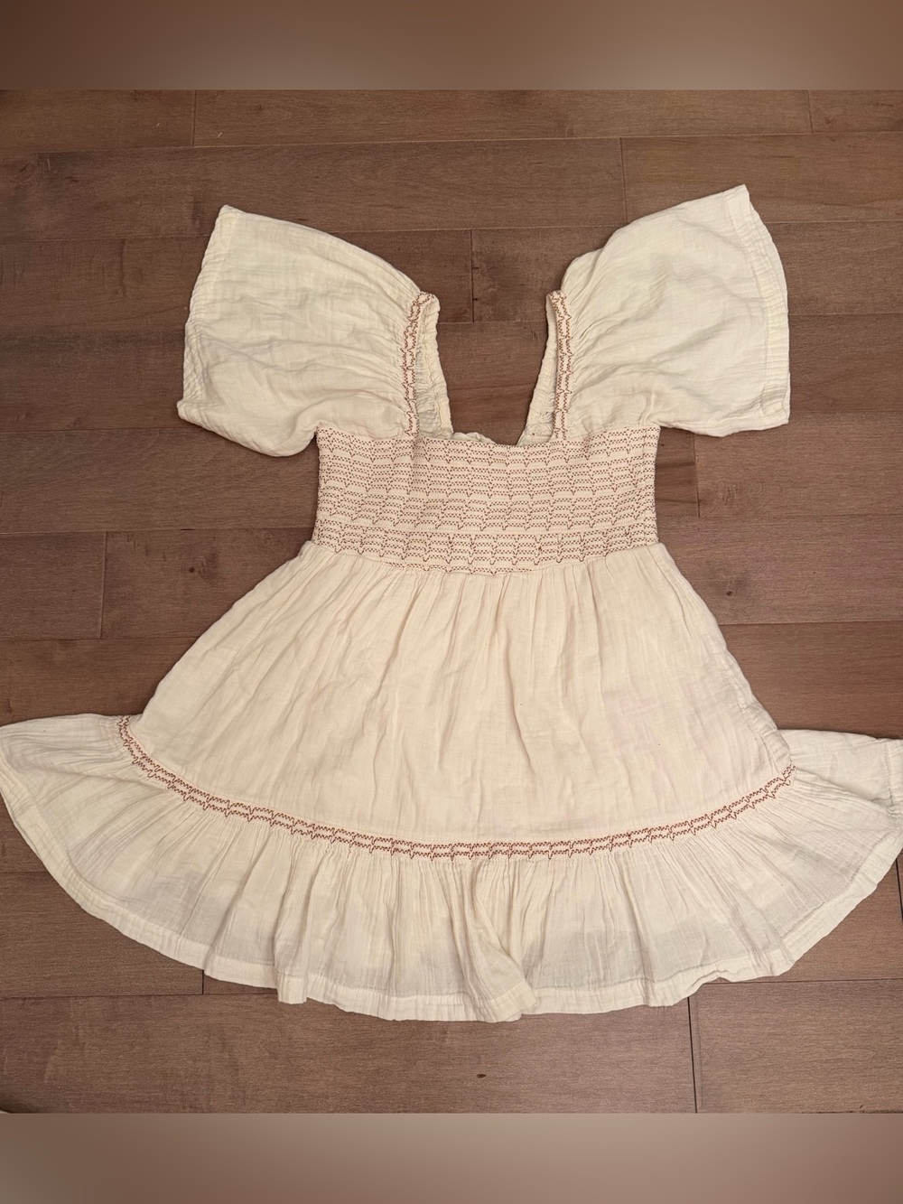 Free People Cream Smocked Puff-Sleeve Dress